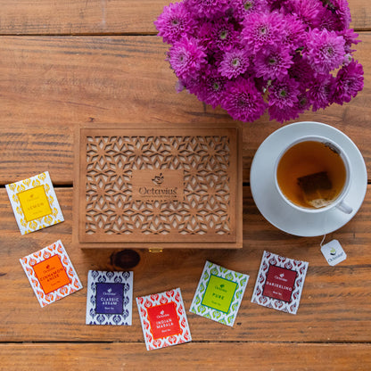 Assortment of fine teas - 90 teabags in Floral Cutwork Wooden box