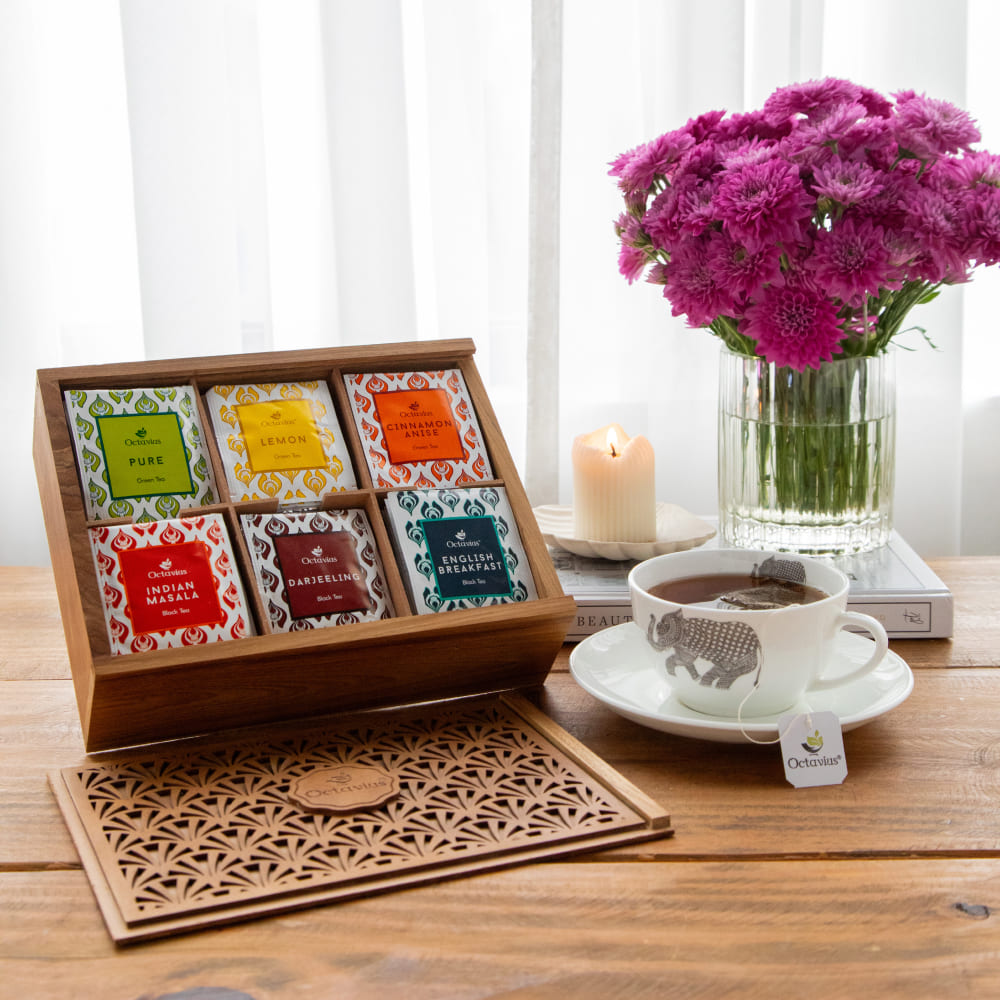 Assortment of fine teas - 90 teabags in Tropical Palm cutwork wooden box with a sliding lid