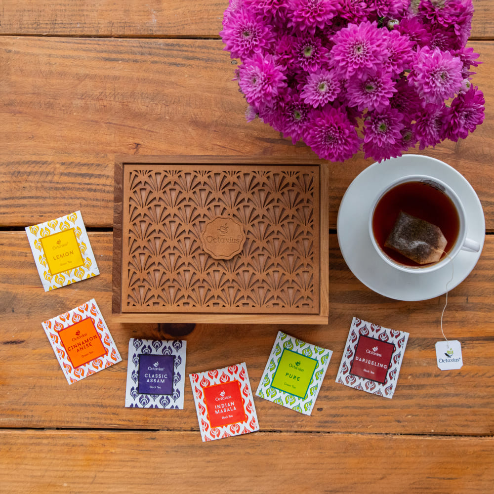 Assortment of fine teas - 90 teabags in Tropical Palm cutwork wooden box with a sliding lid