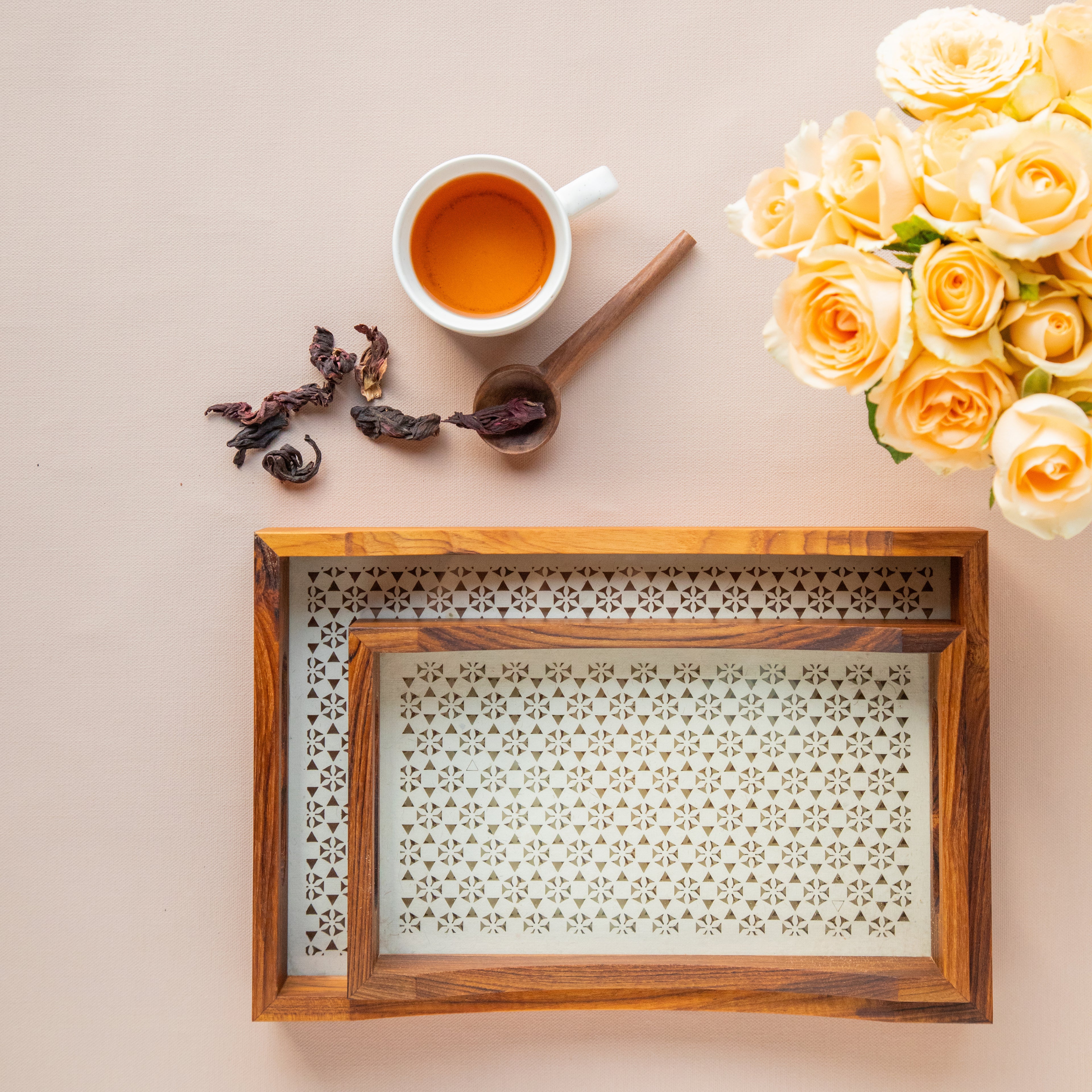 Wooden Tray With Glass Bottom Set of two