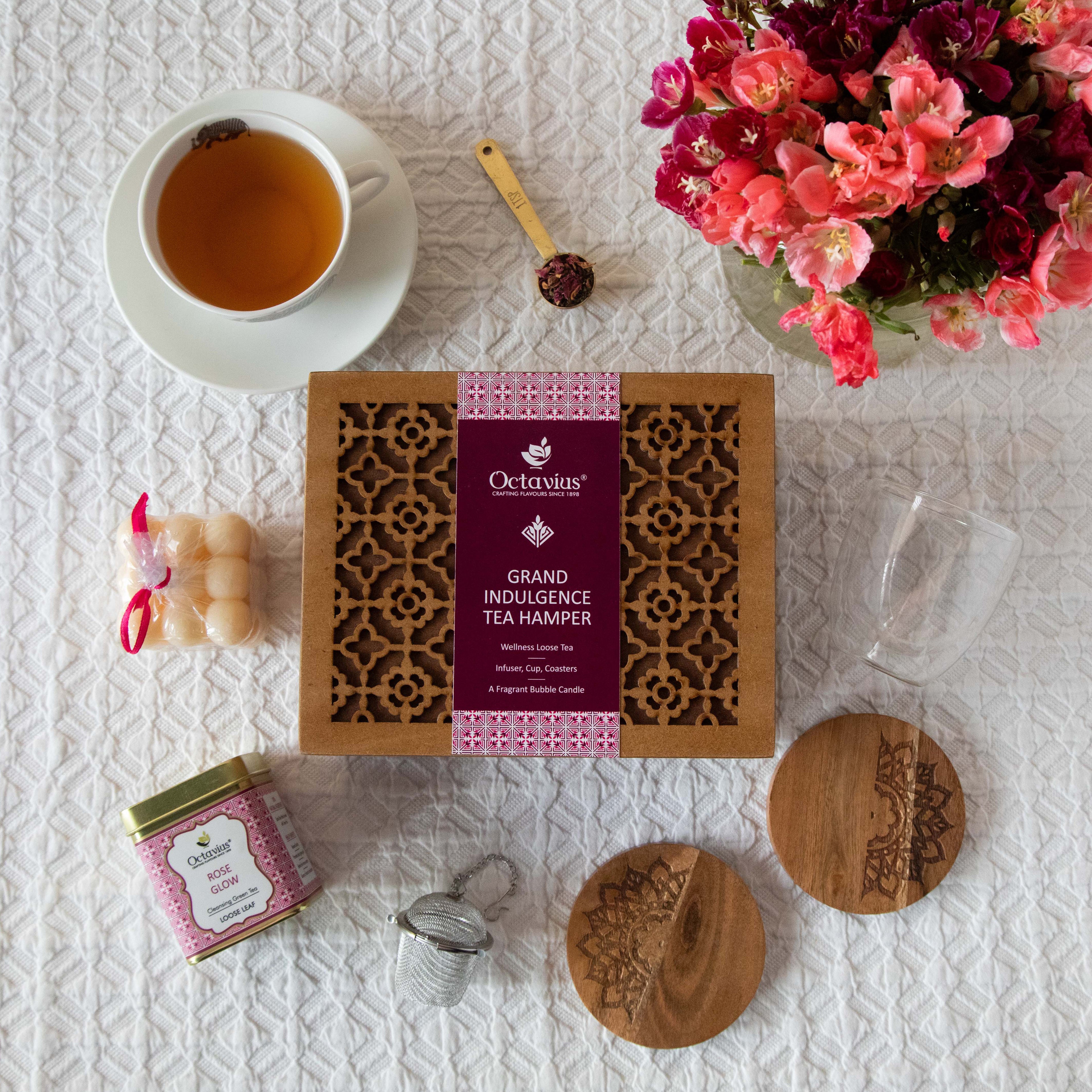 Grand Indulgence Tea Hamper (1 wellness tea, infuser, cup, coasters &amp; organic bubble candle)