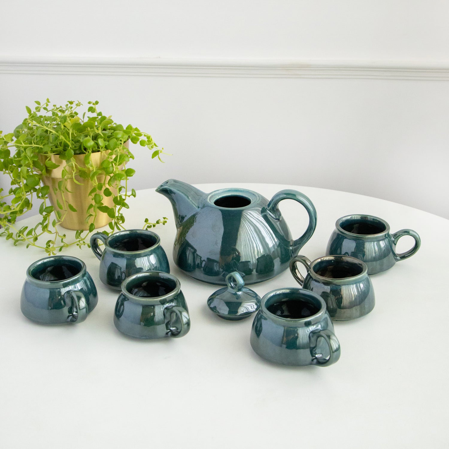 Modern Ceramic 7 Piece Tea Set  - Glossy Green