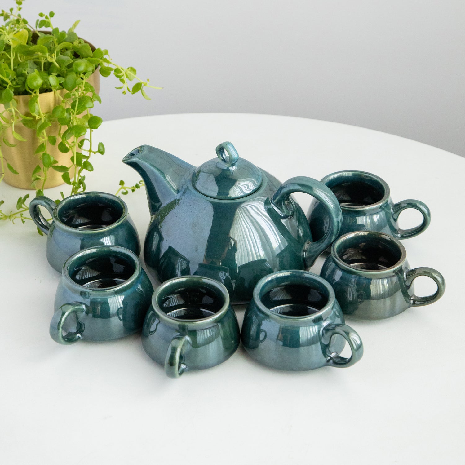 Modern Ceramic 7 Piece Tea Set  - Glossy Green