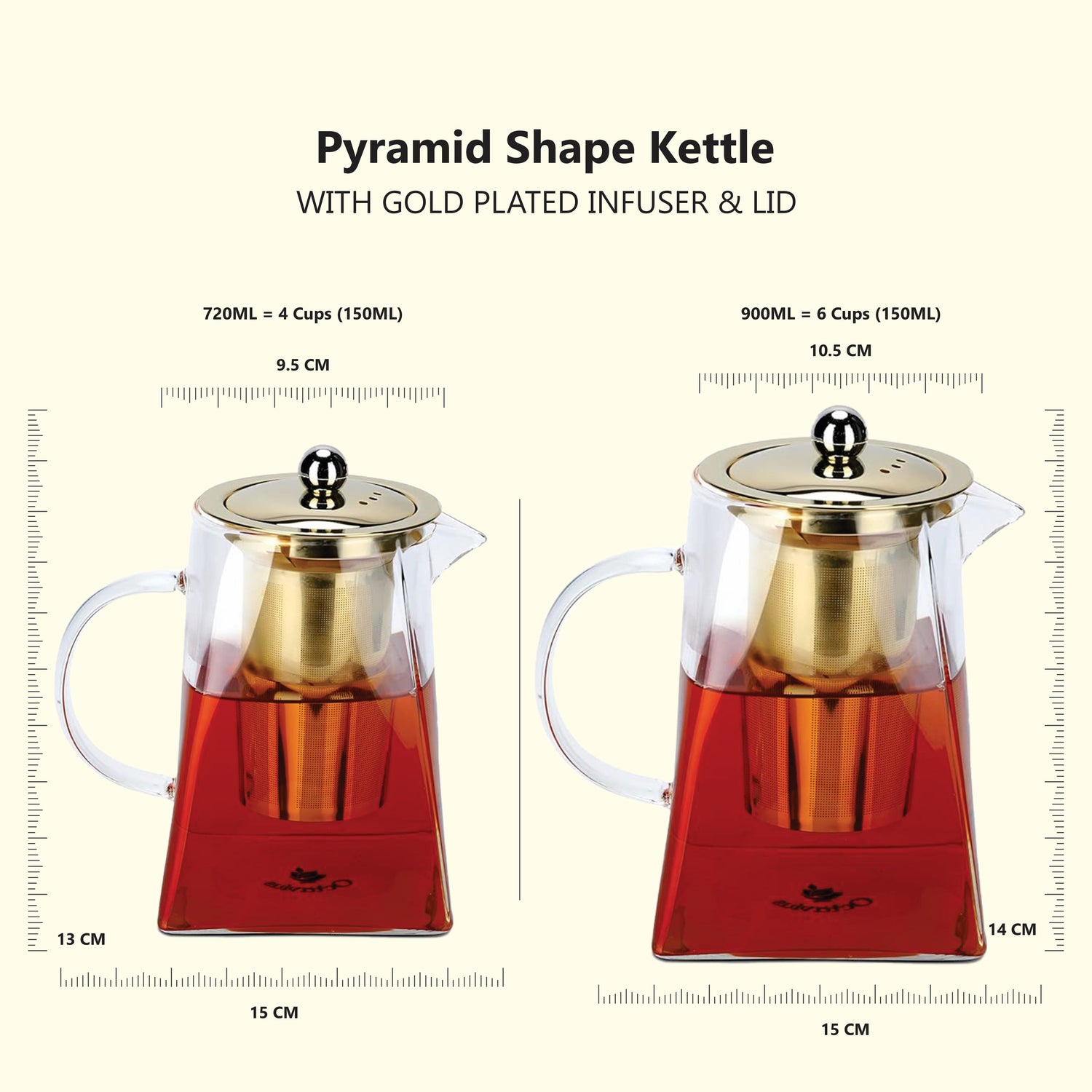 Pyramid Shaped Borosilicate Glass Kettle with Gold Plated Infuser and Lid