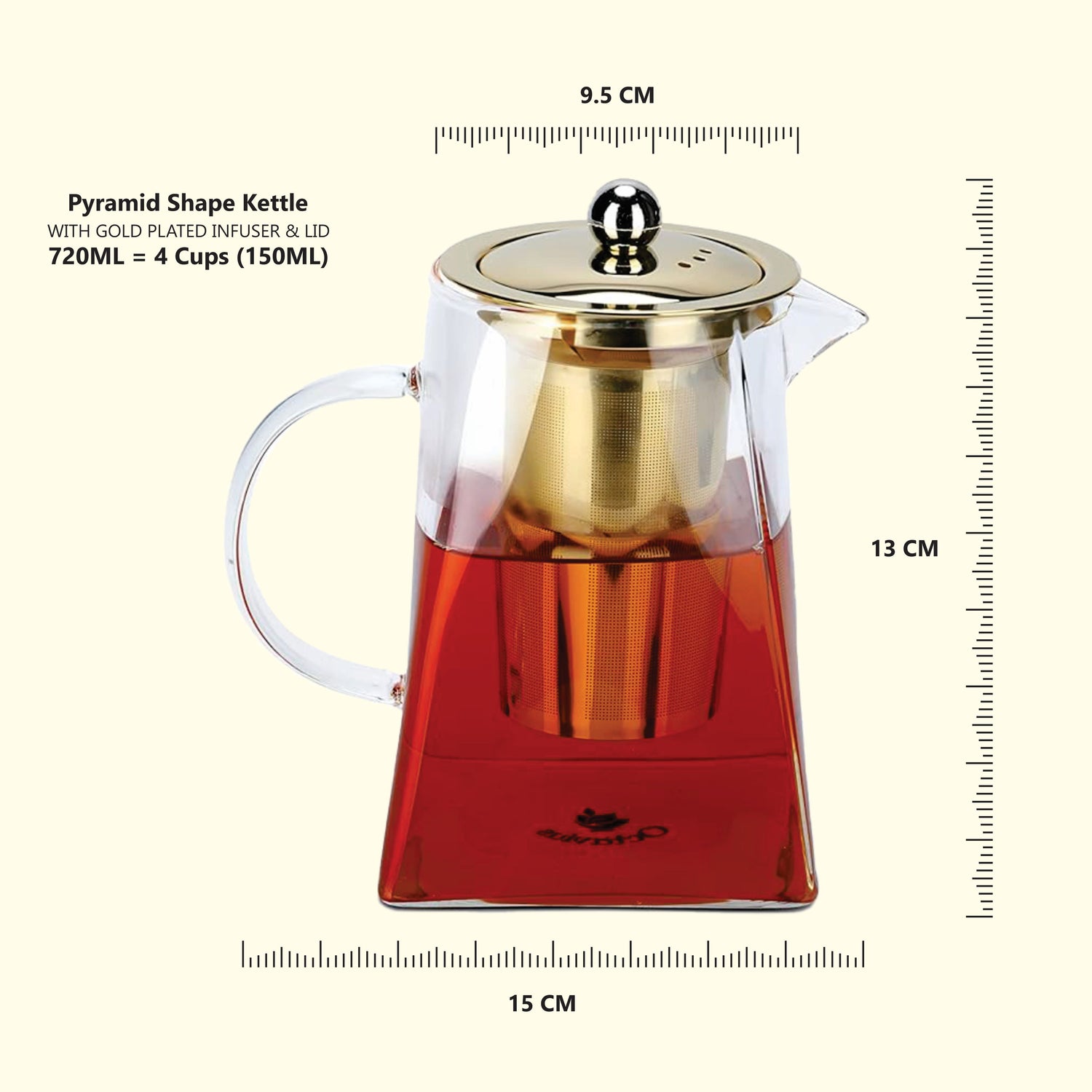 Pyramid Shaped Borosilicate Glass Kettle with Gold Plated Infuser and Lid