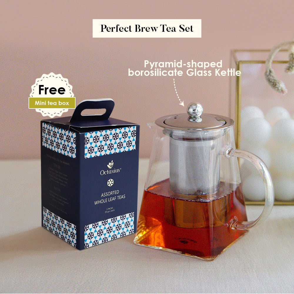 Perfect Brew Tea Set with Pyramid-shaped borosilicate Glass Kettle  + FREE Assorted Black Teas Mini box