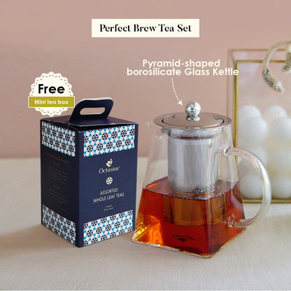 Perfect Brew Tea Set with Pyramid-shaped borosilicate Glass Kettle  + FREE Assorted Black Teas Mini box