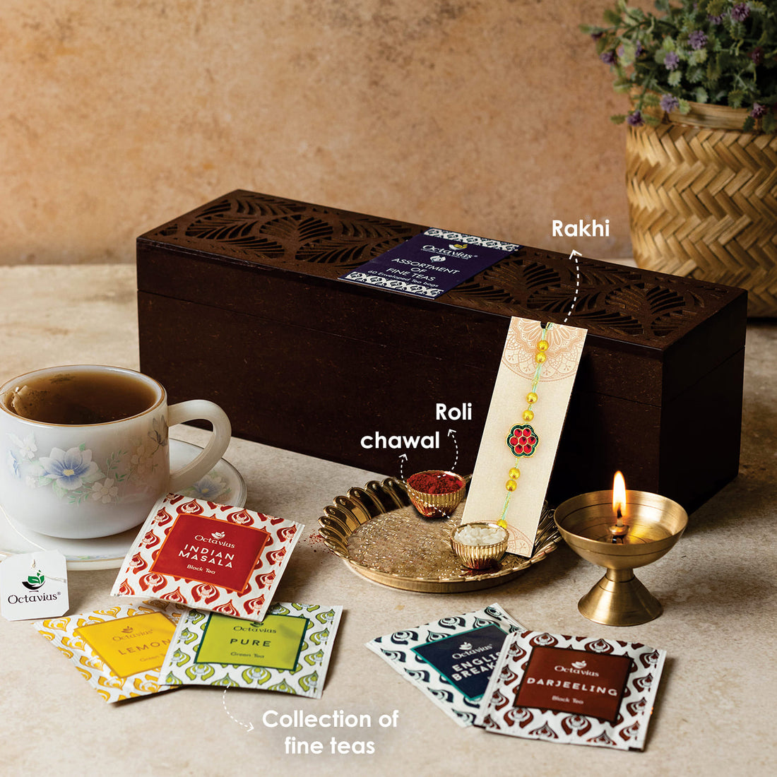 Assortment of Fine Teas For your sibling -  60 Teabags in Leaf Cutting Wooden Box