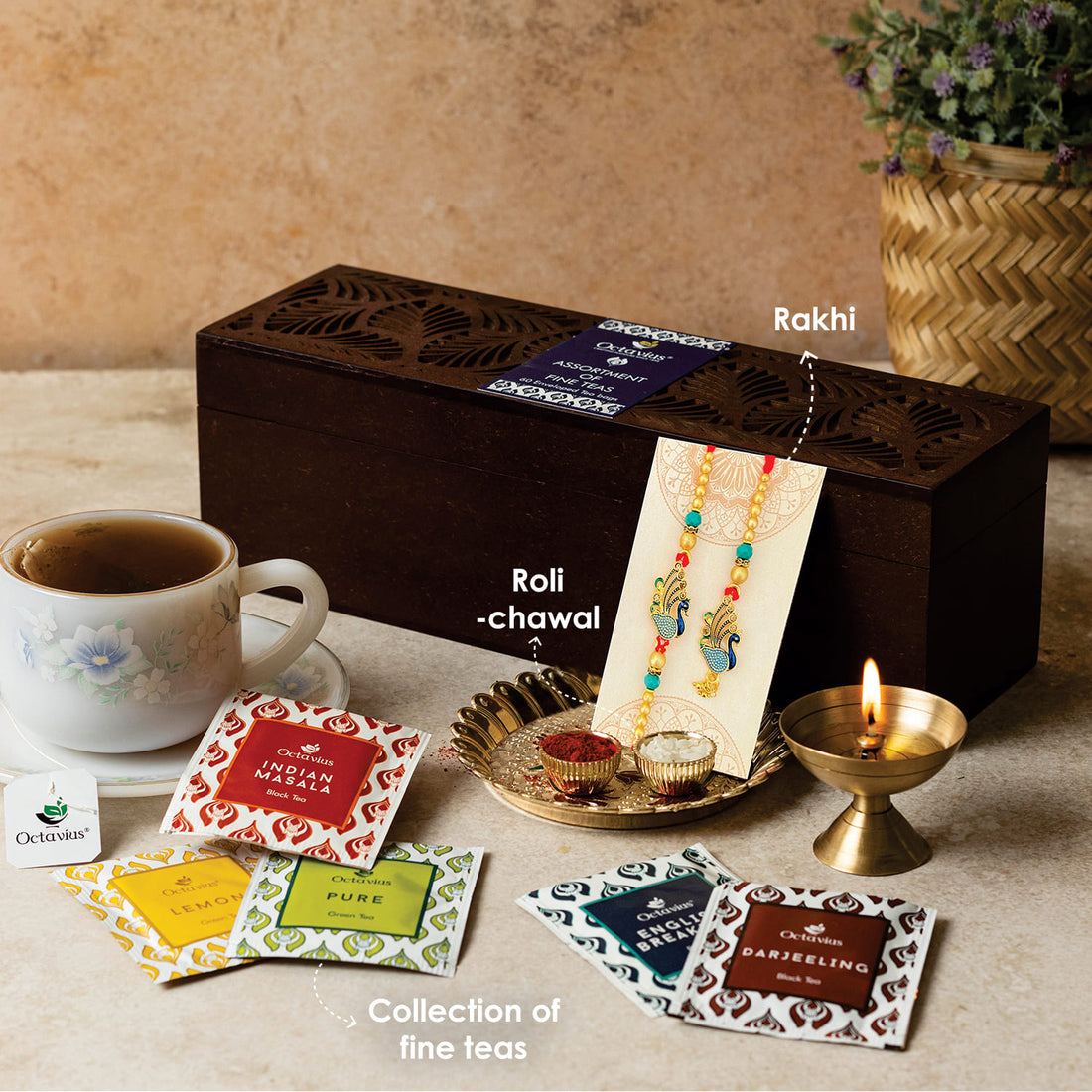Assortment of Fine Teas For your sibling -  60 Teabags in Leaf Cutting Wooden Box