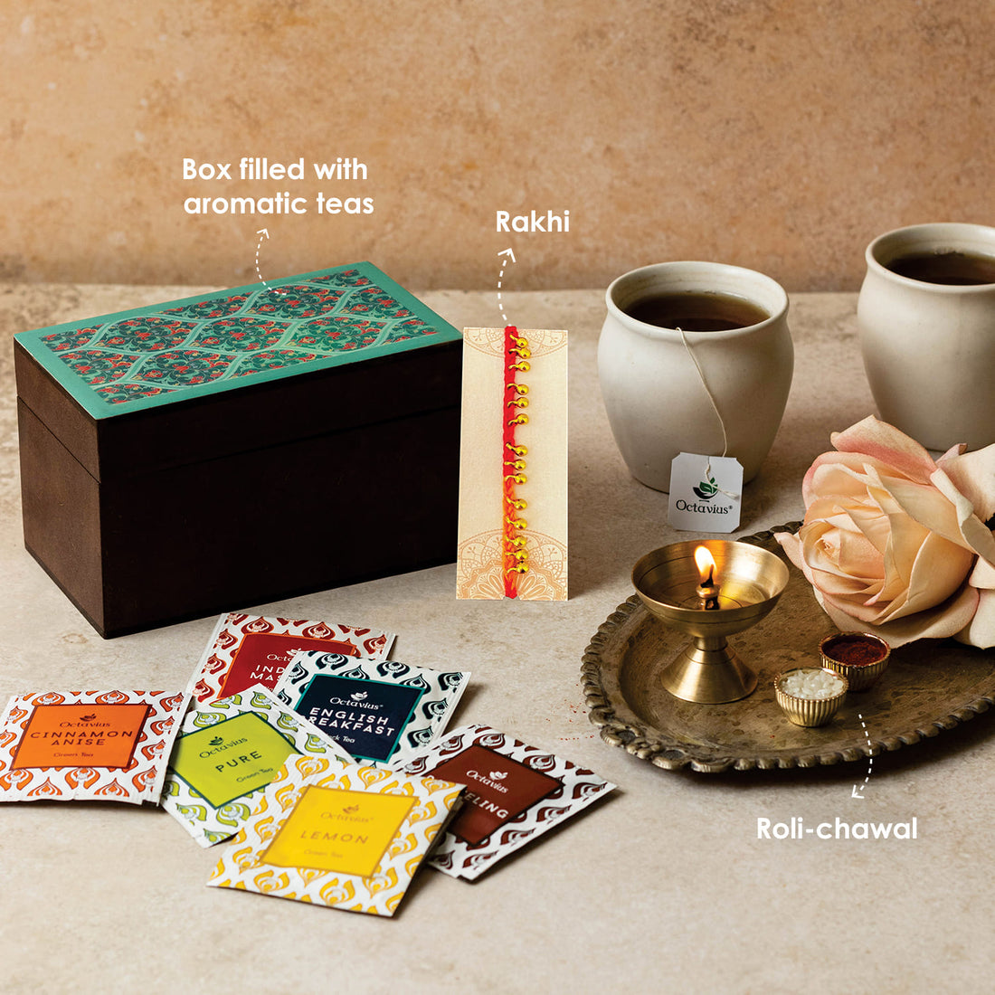 Assortment of fine Teas For your sibling - 30 Teabags in Ornate floral art wooden box