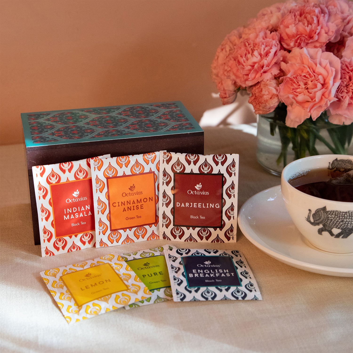 Assortment of Fine Teas- 30 Teabags in Ornate Floral Art Wooden Box