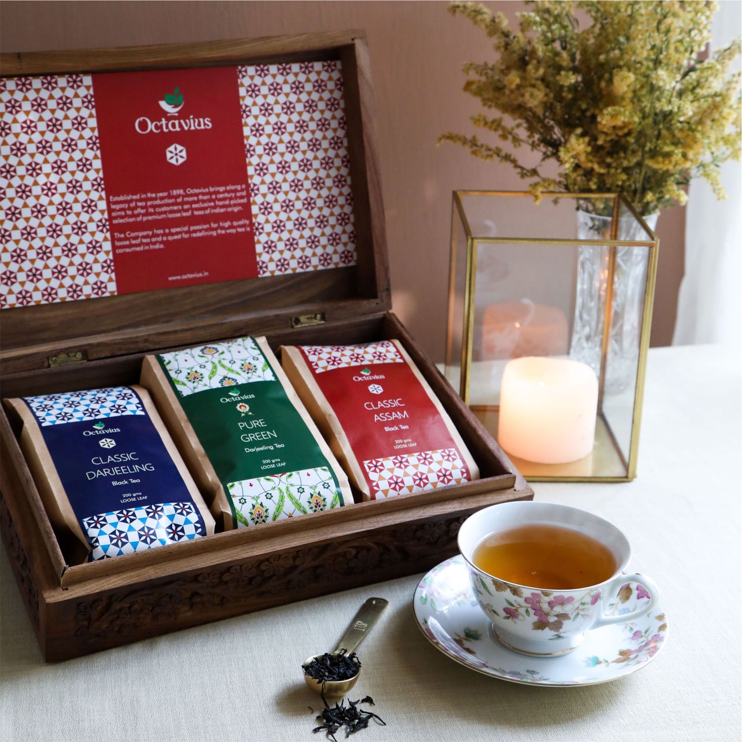 Indian Tea Collection - Premium Black &amp; Green Whole Leaf Teas In Handcrafted Sheesham Wood Box