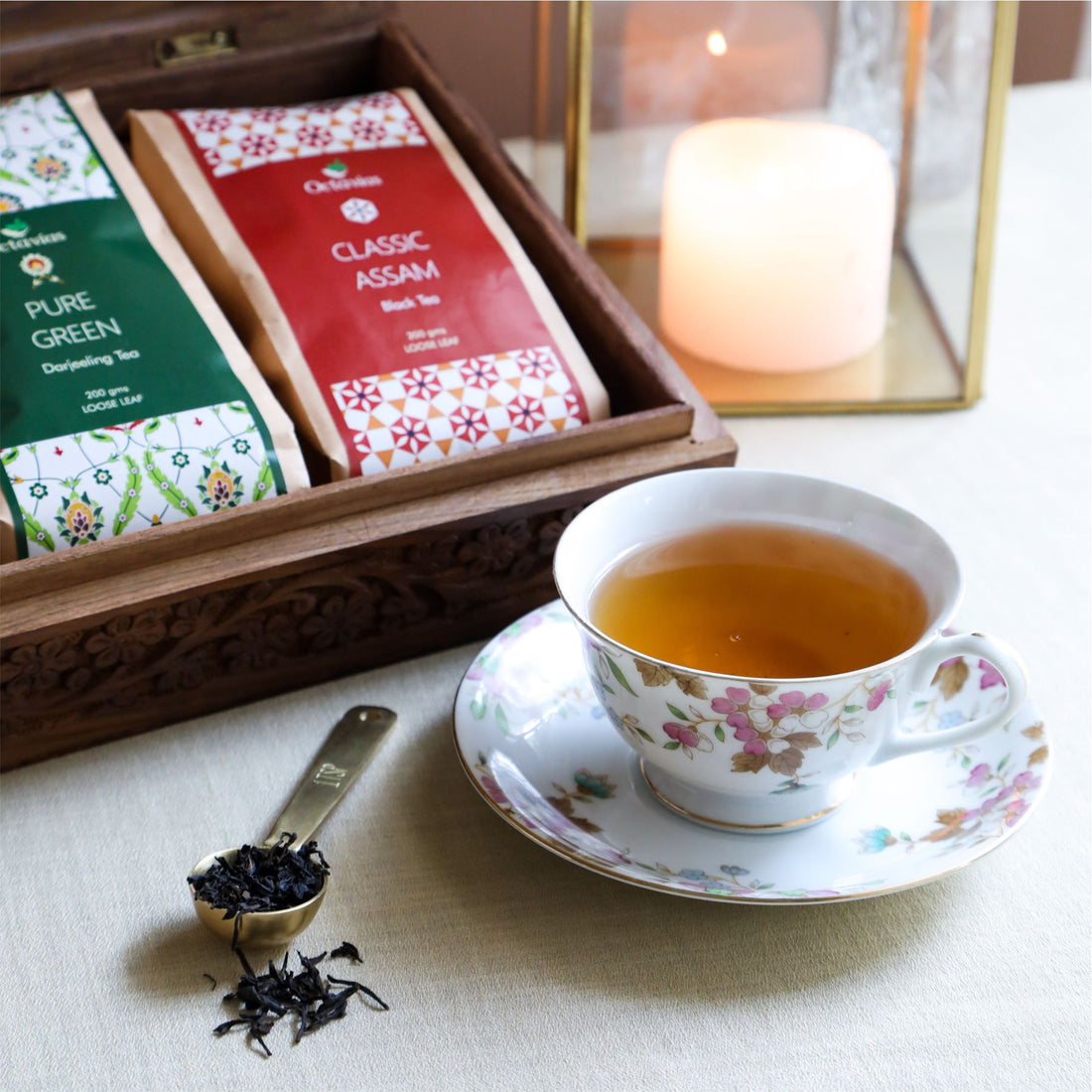 Indian Tea Collection - Premium Black &amp; Green Whole Leaf Teas In Handcrafted Sheesham Wood Box