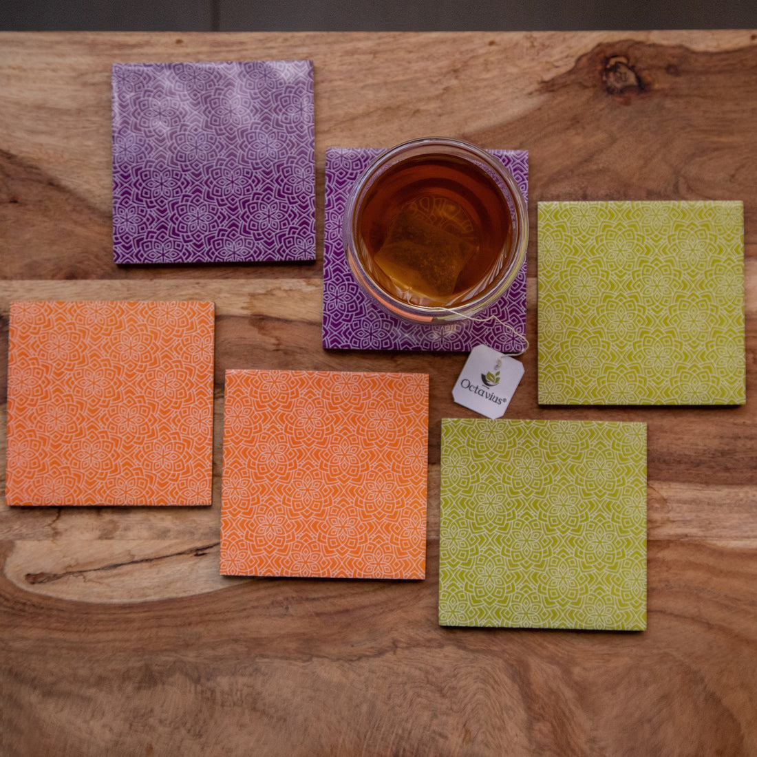 Printed Wooden Coasters With Holder- Set of Six