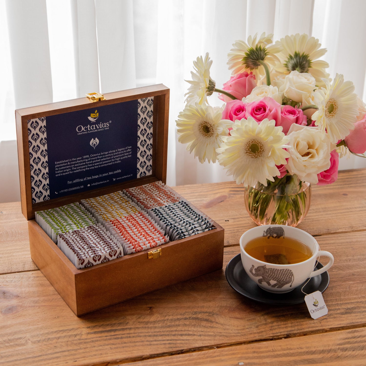 Assortment of Fine Teas - 90 Black &amp; Green Teabags in Handcrafted Wooden Box with Traditional Indian Lotus Print