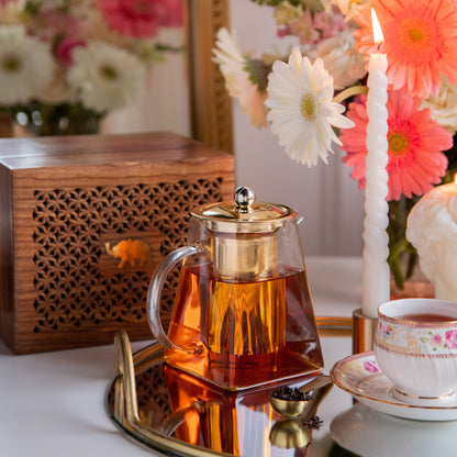 Pyramid Shape Borosilicate Teapot With Gold Plated Infuser And Lid in a Sesham Wood Box- 720 ML