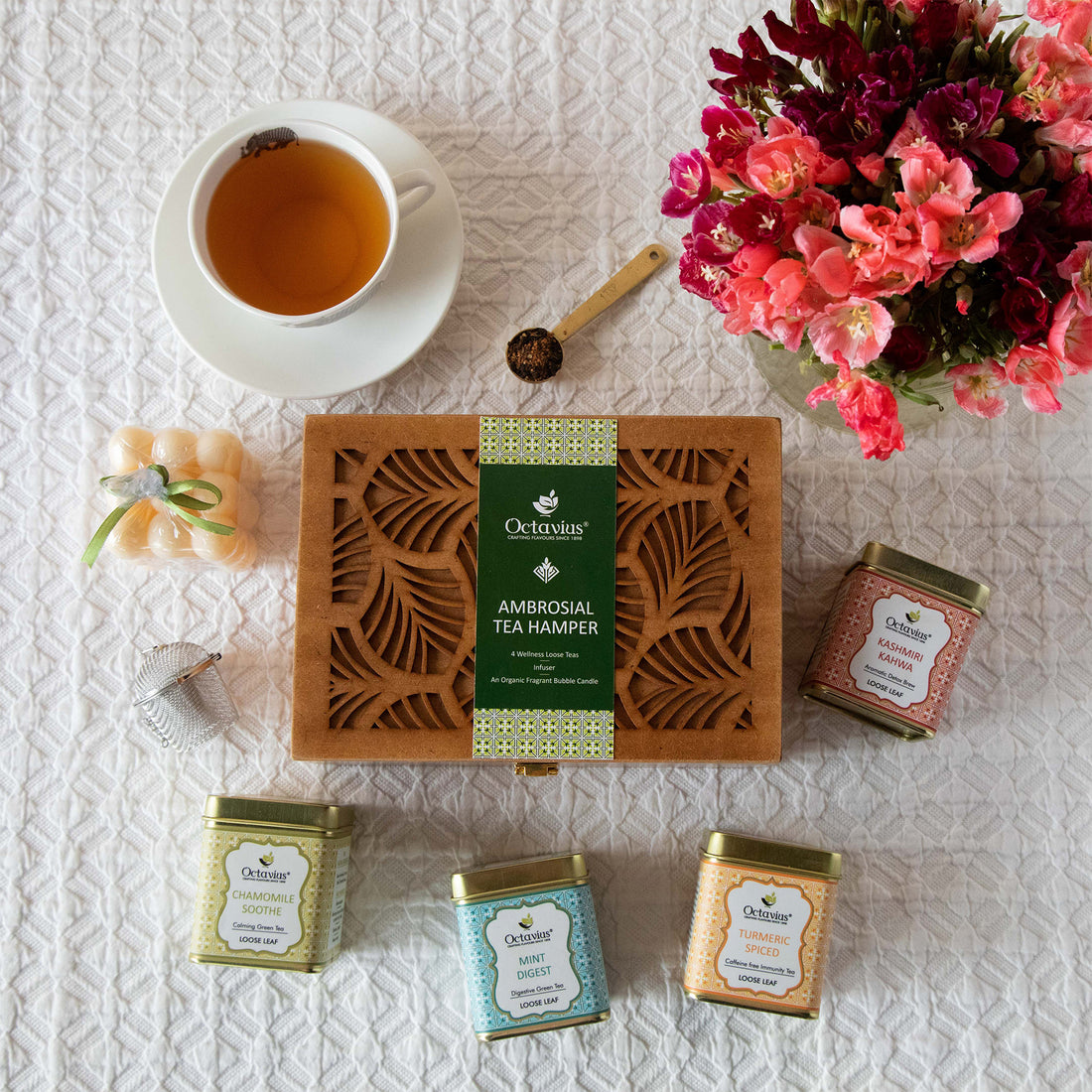Ambrosial Tea Hamper (4 Wellness Teas, Organic Bubble candle &amp; Infuser)