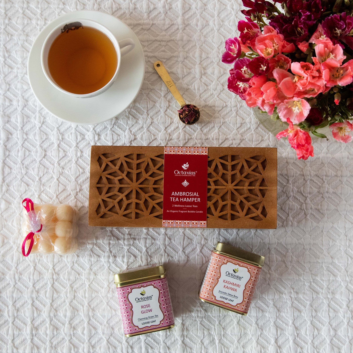 Ambrosial Tea Hamper (2 Wellness Teas &amp; Organic Bubble candle)