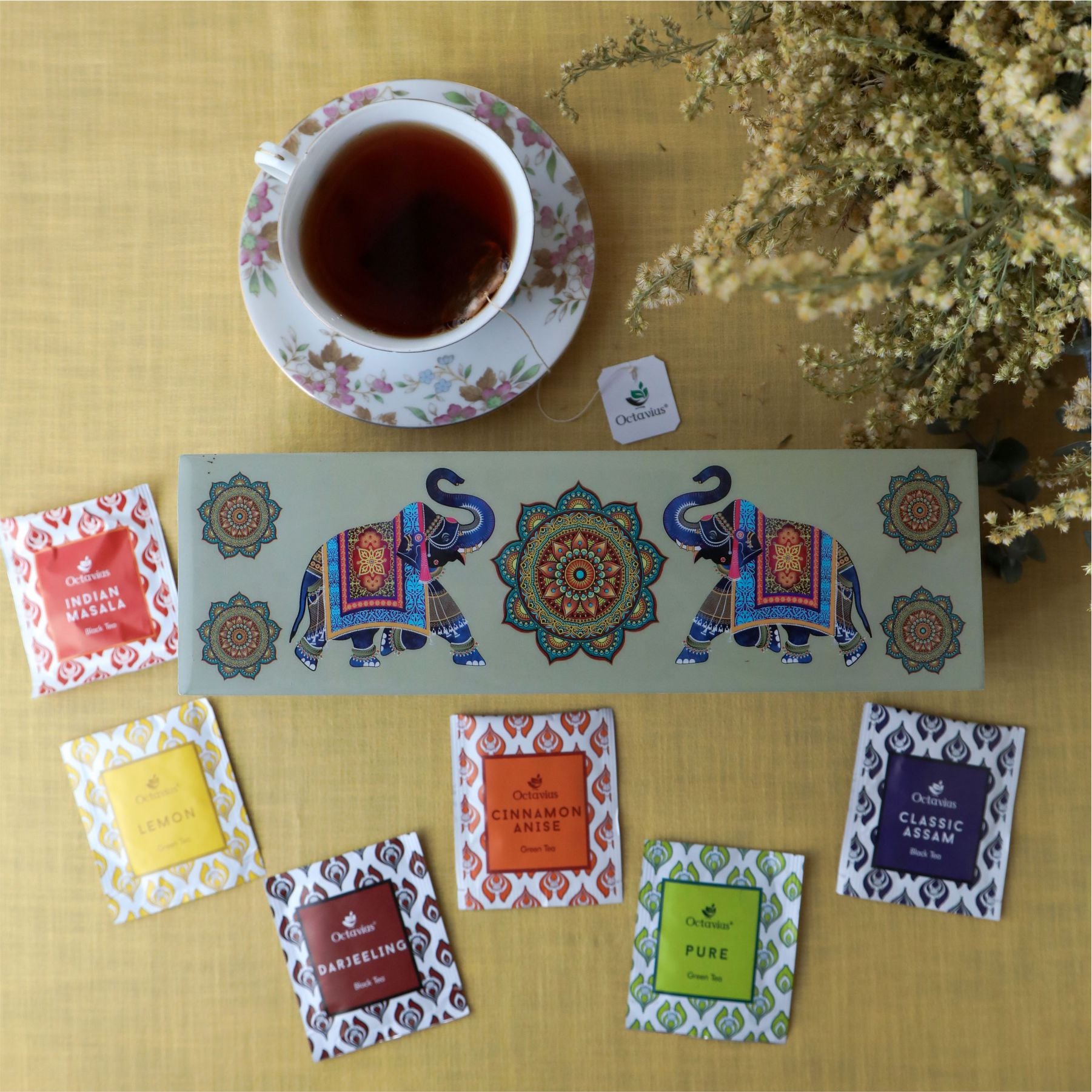 Assortment of Fine Teas- 60 Teabags in Elephant Print Wooden Box