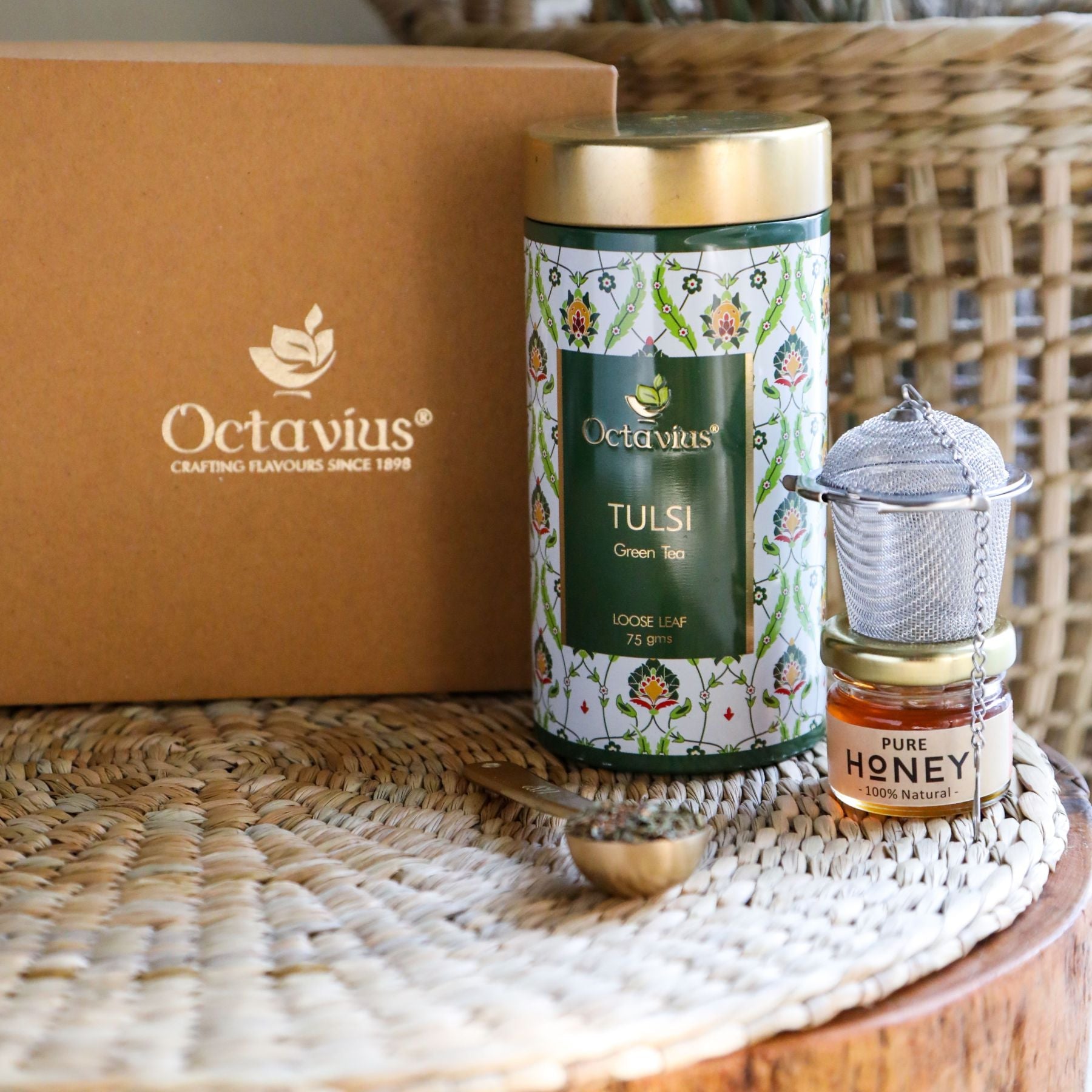 Tea Essentials - One Green Tea Of  Your Choice, An Infuser &amp; Honey