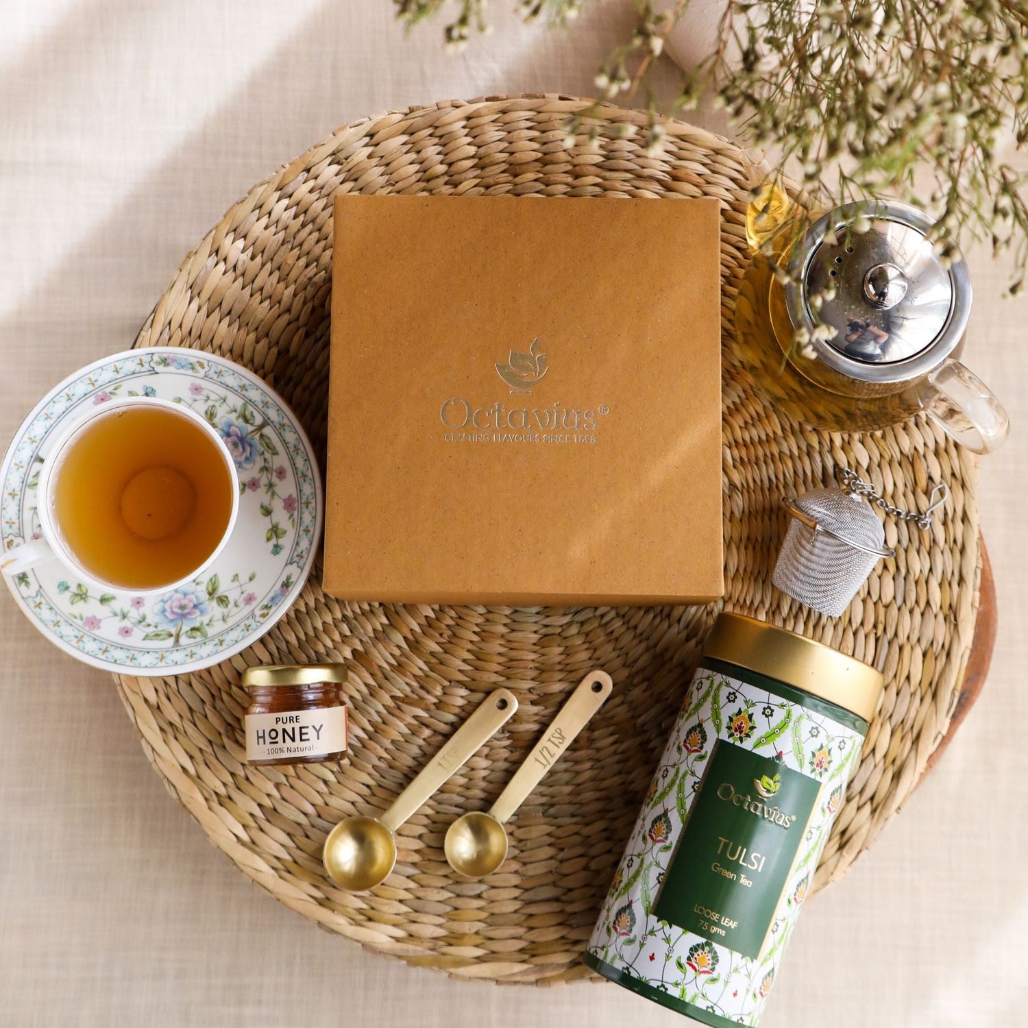 Tea Essentials - One Green Tea Of  Your Choice, An Infuser &amp; Honey