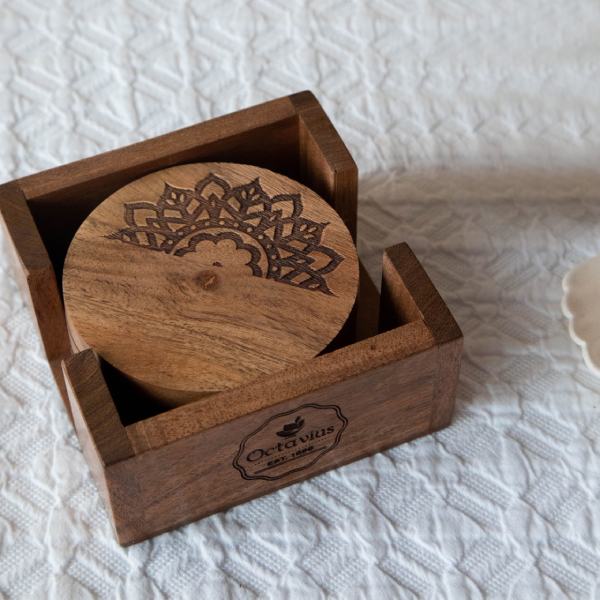 Pure Sheesham Wood Coasters with Holder- Set of Four